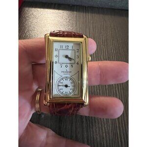 Peugeot Gold-Tone Rectangular Watch With Brown Leather Strap & Warranty Card